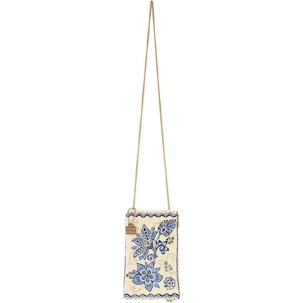 Beaded Floral Crossbody Cell Phone Bag Clutch Vegan Friendly Ivory Blue